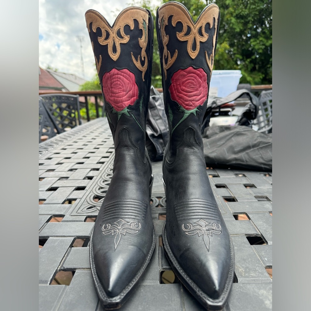 Lucchese Black and Red Cowboy Boots with Decorative Stitching